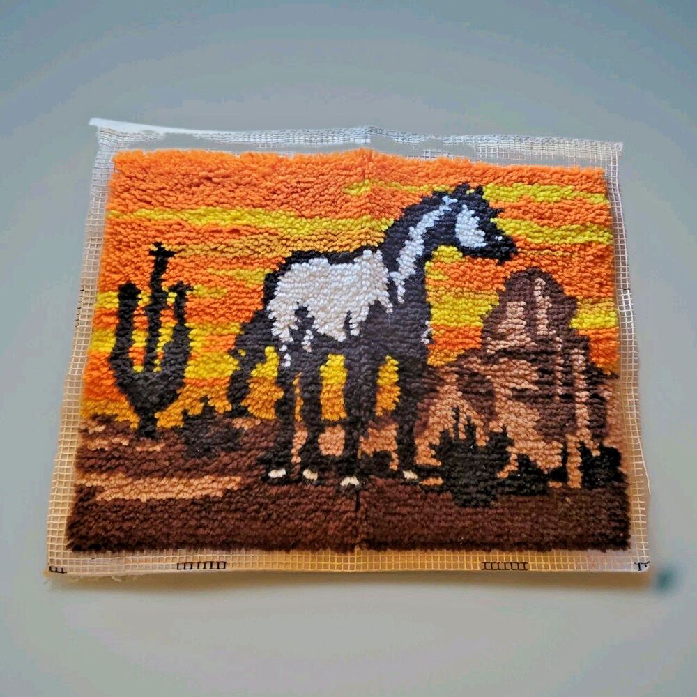 Vintage Finished Latch Hook Rug Canvas Southwest Desert Wild Horse Cactus Sunset
